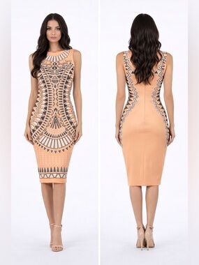 bebe Peach Midi Dress with Black Geometric Print